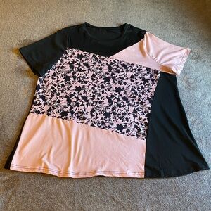 Floral Patchwork Women's Top - Black and Pink Plus Size 1XL